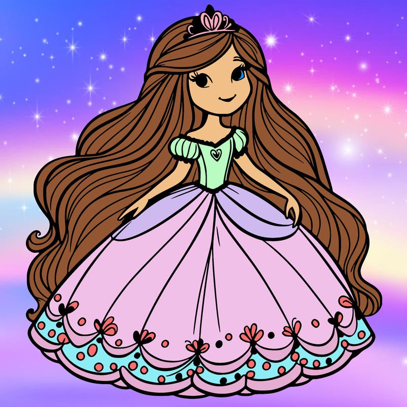 a princess with long hair and a big flowy dress