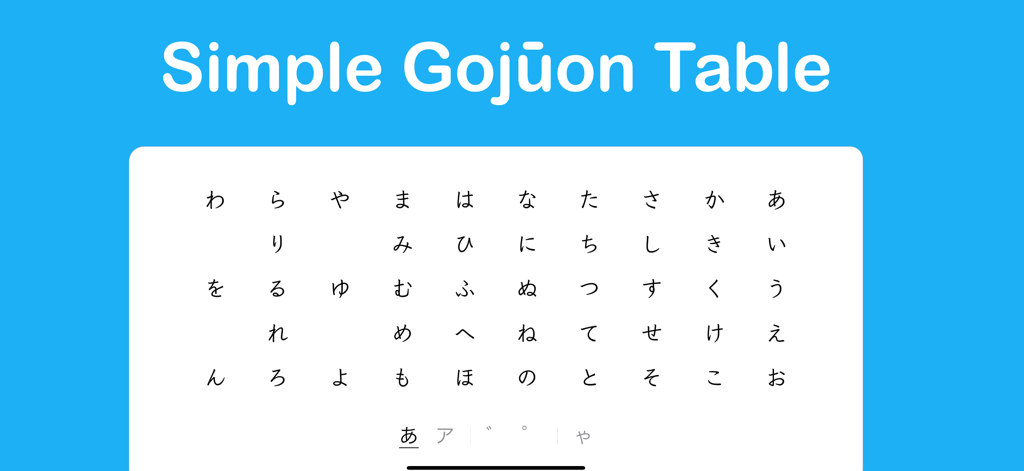 StudyX Japanese Letters Table - A simple and elegant Japanese Gojuon table displaying hiragana characters