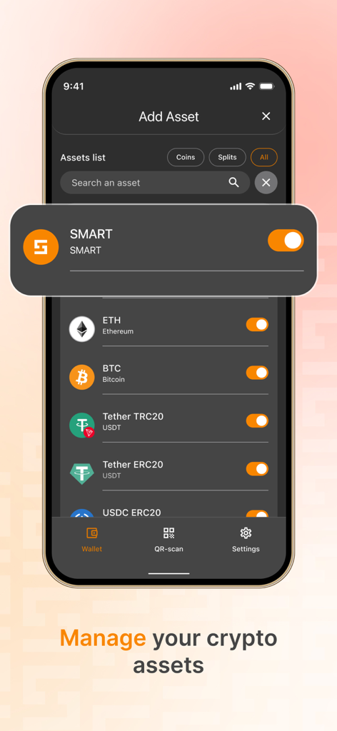 Smart Wallet App - Smart Wallet App screen for managing various cryptocurrency assets including Bitcoin and Ethereum
