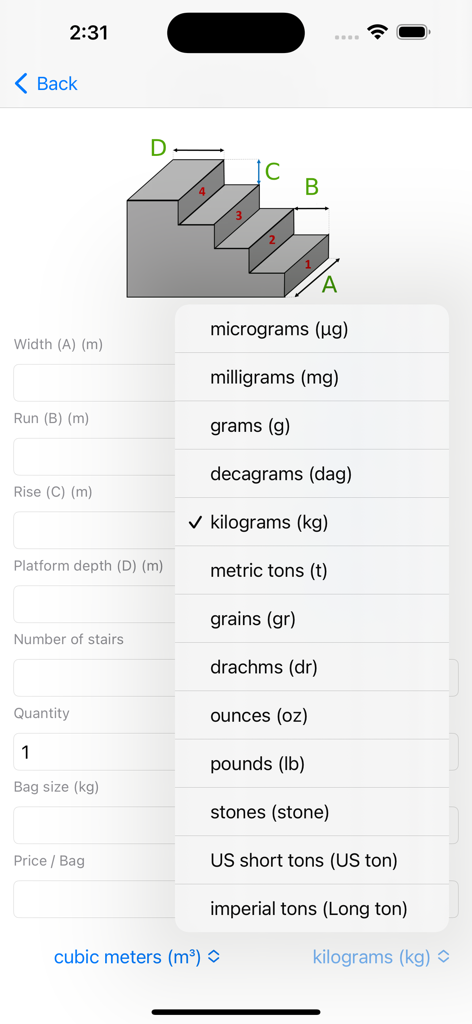 Concrete Calculator Estimator - Concrete calculator app interface showing stairs calculation with a dropdown menu for selecting weight units like kilograms and pounds