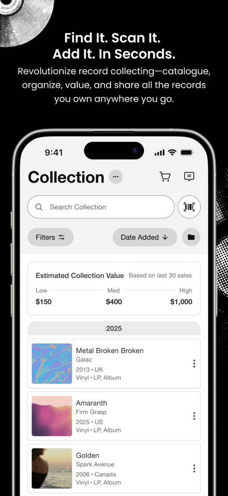 Discogs - Discogs mobile app showing music collection inventory and estimated market value