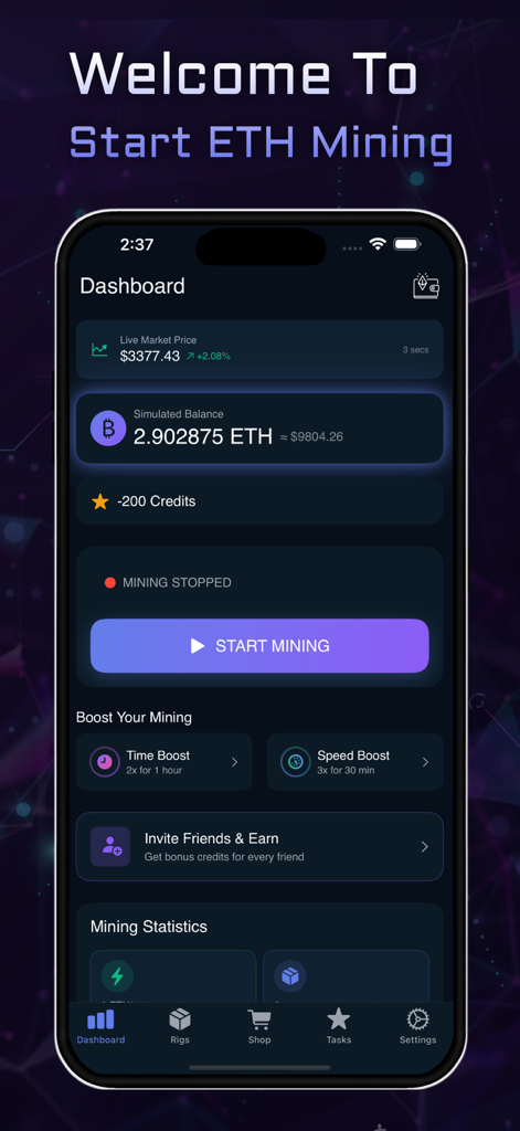 Panel de la aplicación ETH Miner mostrando el saldo simulado de Ethereum y los controles de minería