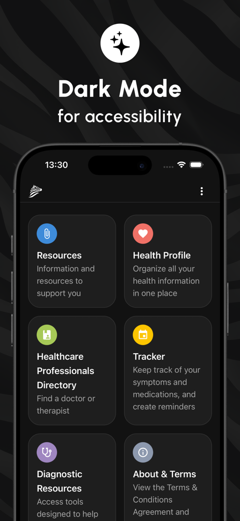 The Ehlers-Danlos Society - Schermata principale dell'app The Ehlers-Danlos Society visualizzata in modalità scura per l'accessibilità.