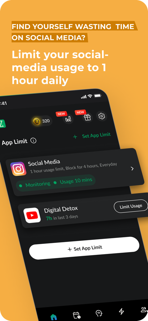 Zenze - App Time Limit - Interfaz de la aplicación Zenze que muestra opciones para limitar el uso de redes sociales y rastrear el progreso de la desintoxicación digital