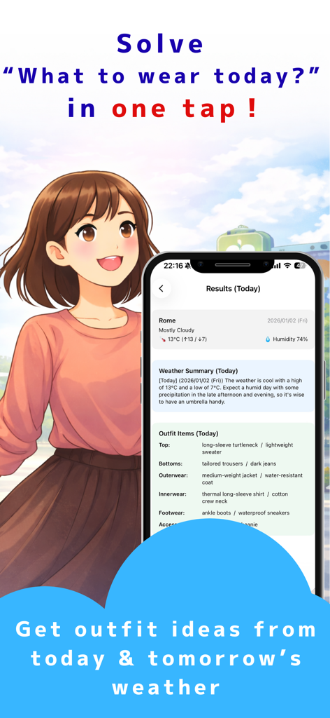 Weather Outfit Guide app interface showing daily weather forecast and personalized clothing recommendations.