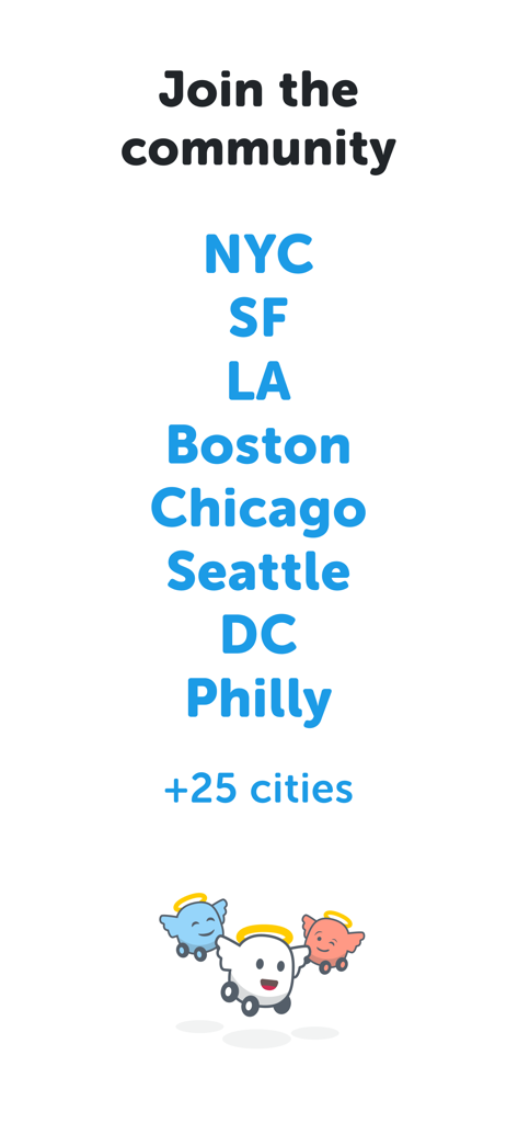 SpotAngels join the community screen listing supported cities like NYC SF LA and Boston with angel car icons