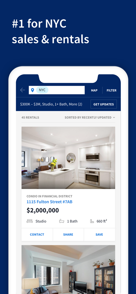 StreetEasy app interface showing a 2 million dollar condo listing in the Financial District of New York City.