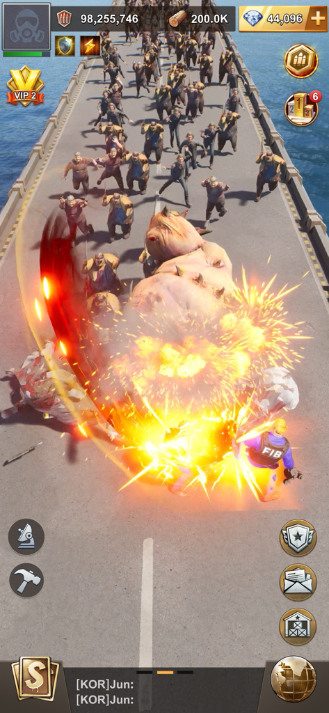 Last Z: Survival Shooter - Character fighting a zombie horde with a large explosion on a bridge