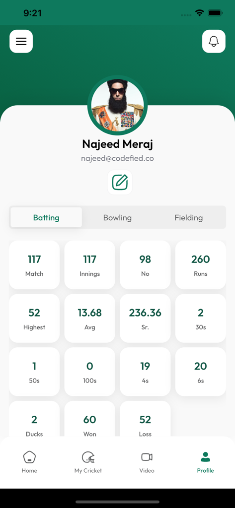CricPR - Digital Cricket Hub - Profil du joueur de cricket montrant les statistiques de performance au bâton dans l'application CricPR