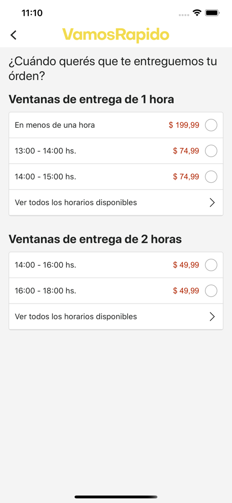 Vamos Rapido app screen showing 1-hour and 2-hour delivery window options with prices