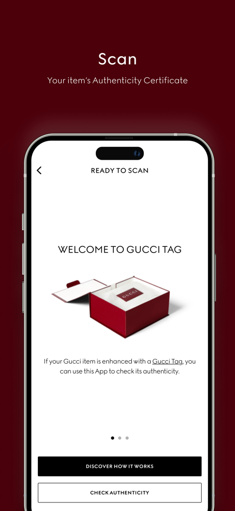 GUCCI - Gucci app interface for scanning an item authenticity certificate via Gucci Tag