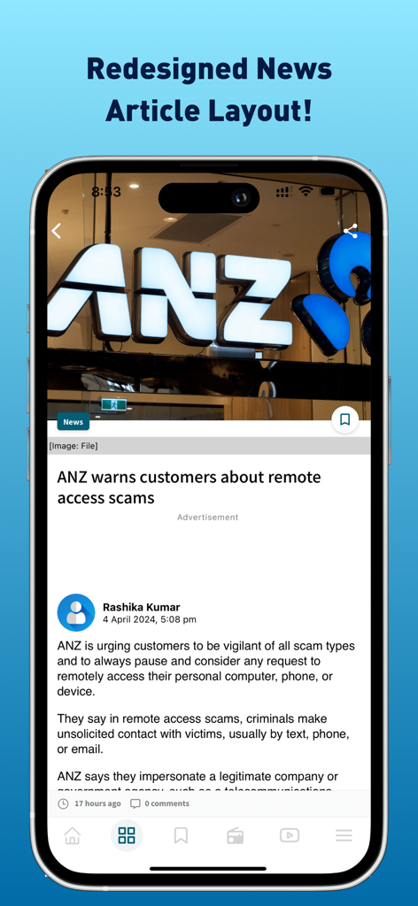 Fijivillage - La interfaz de artículo de noticias de la aplicación Fijivillage que muestra una noticia sobre advertencias de estafa de ANZ en un iPhone.