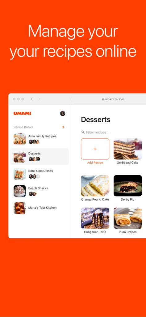 Web browser interface of Umami showing organized recipe books and a collection of dessert recipes