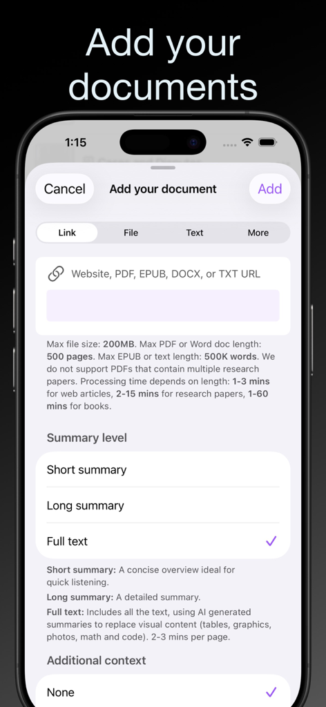 Paper2Audio: Text to Speech - Adding documents and selecting summary levels in the Paper2Audio app