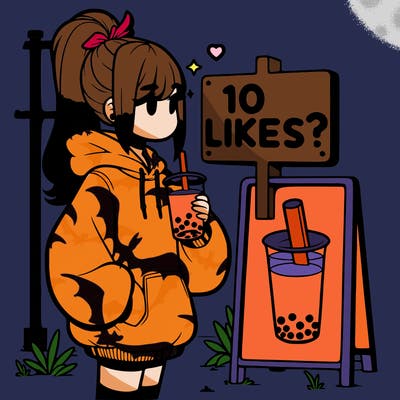 girl with oversized hoodie drinking boba and she has a high ponytail with a sign that says 10likes?