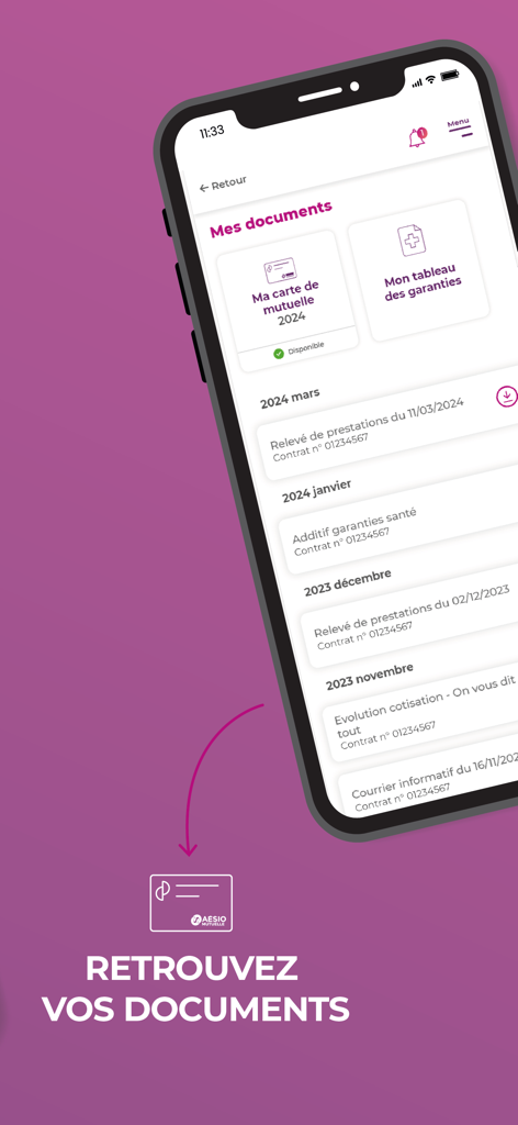 AÉSIO mutuelle - Screen of AESIO mutuelle app for managing health insurance documents and statements