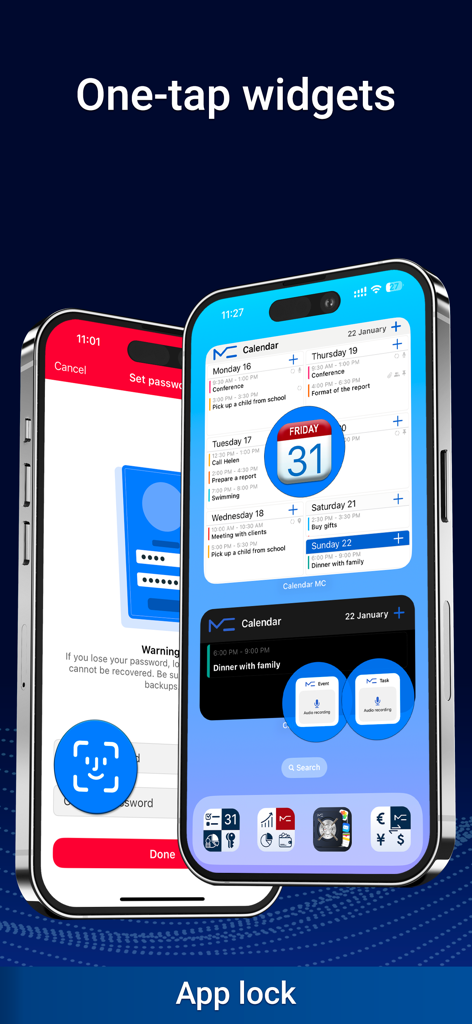 Calendar: To Do List & Notes - MC Calendar mobile app displaying interactive widgets and secure app lock security feature