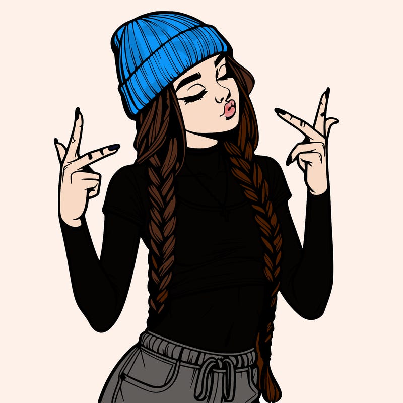 realistic teenage girl with braids and a beanie and crop top doing 🫶🏼