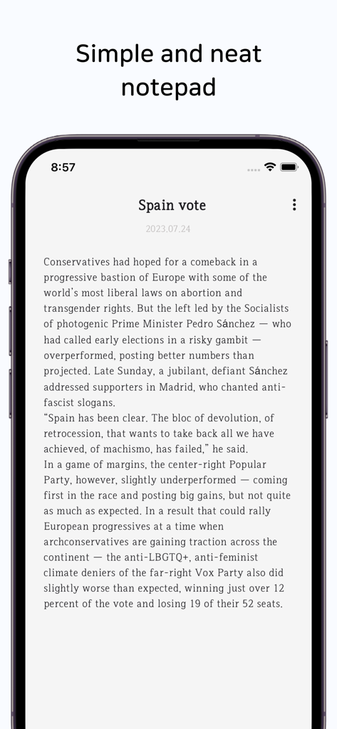 Interfaccia del taccuino minimalista dell'app Dust Memo che mostra una voce di testo su un'elezione