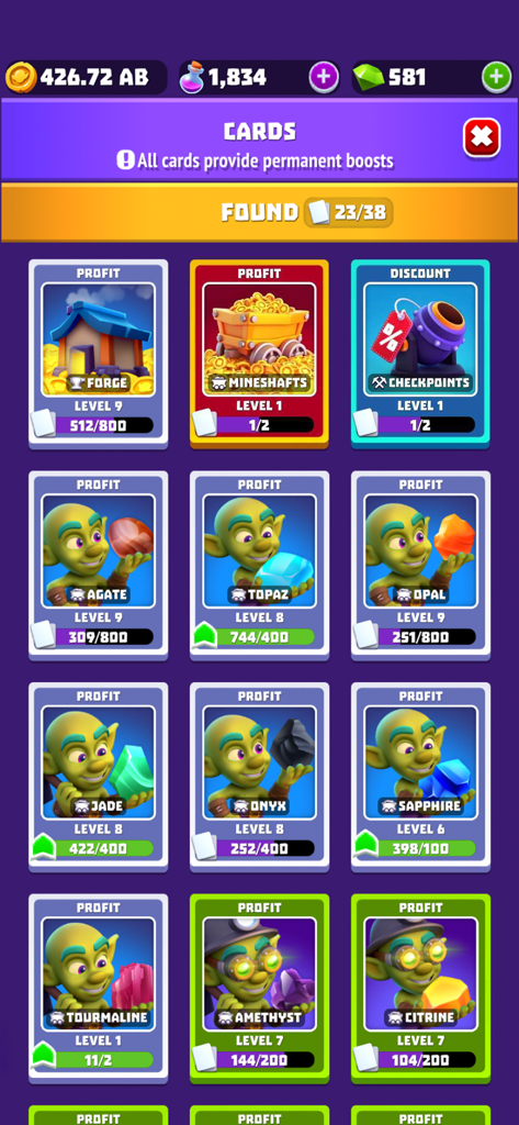 Gold and Goblins - Idle Games - Card collection screen in Gold and Goblins showing permanent boosts and goblin characters
