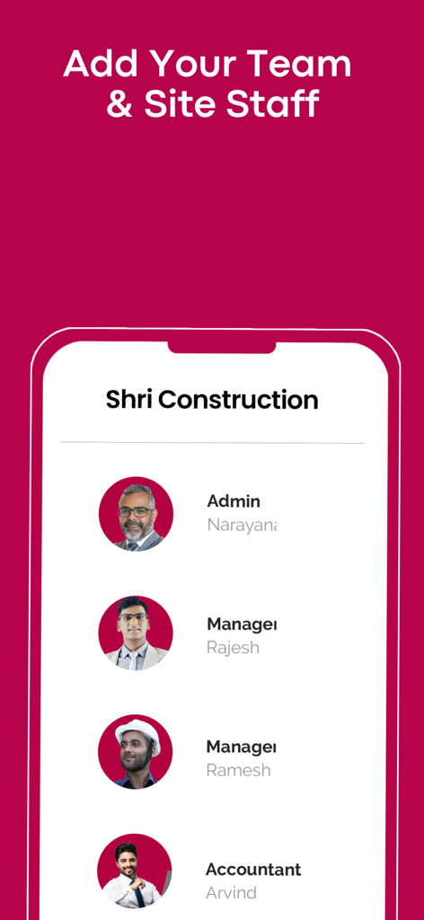 Pantalla de la aplicación móvil que muestra una lista de equipo de construcción con roles que incluyen Administrador, Gerente y Contable.