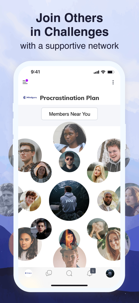 Mindguru Life - Pantalla de la aplicación Mindguru Life que muestra un Plan de Procrastinación con una red de apoyo de miembros de la comunidad que se muestran como iconos de perfil.