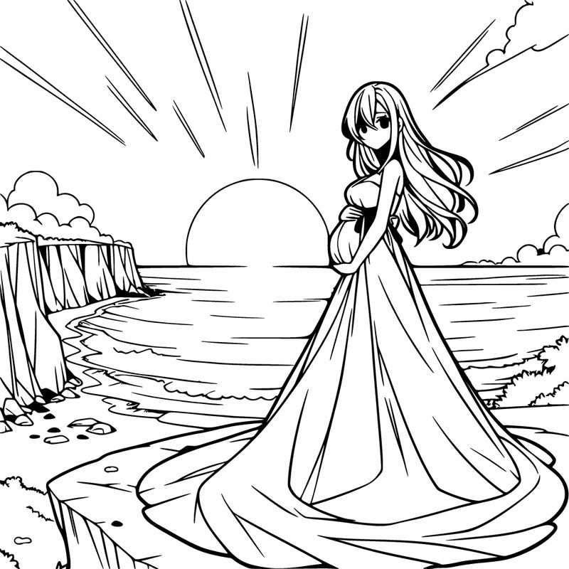 pregnant anime girl in a long flowy gown on a cliff overlooking the ocean at sunset