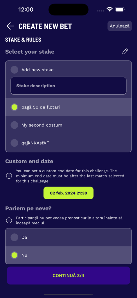Yepp - Mobile screen showing the process of creating a custom sports bet in the Yepp app