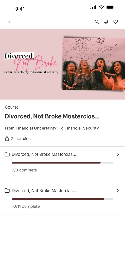 Finance Babe - Finance Babe app course screen for Divorced Not Broke Masterclass.