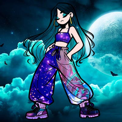 girl in baggy pants crop top and long hair