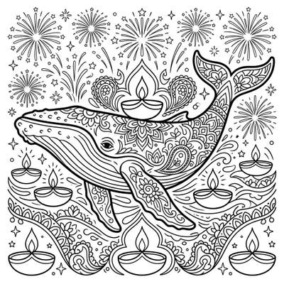 Discover a breathtaking coloring page that unites the majesty of a Humpback Whale with the vibrant spirit of Diwali. This intricate design is perfect for celebrating the festival of lights with a unique marine twist.
