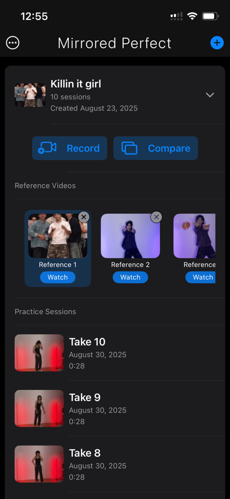 Mirrored Perfect - Mirrored Perfect app dashboard showing reference videos and multiple practice takes for a dance routine