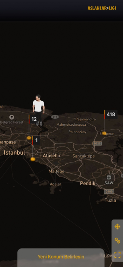 3D avatar standing on a map of Istanbul in the Aslanlar Ligi app.