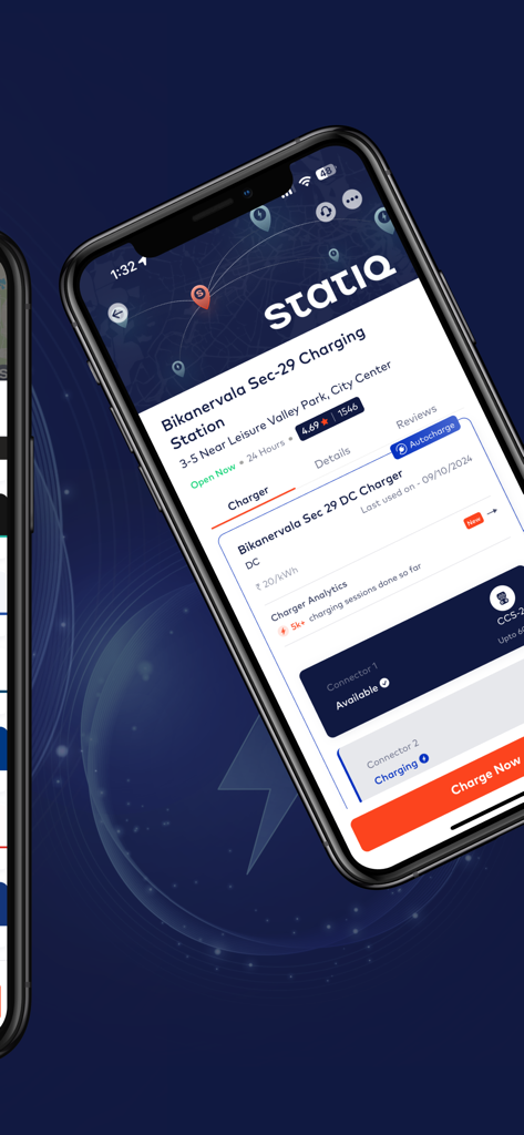 Statiq: EV Charging Stations - Interfaz de la aplicación móvil Statiq que muestra la disponibilidad en tiempo real, los precios y el estado del conector de la estación de carga de VE para una ubicación en la India.