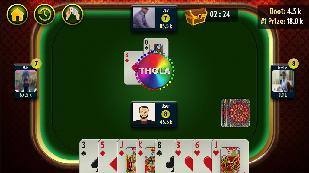 Bhabhi Tholla offline card game gameplay showing a digital table and cards