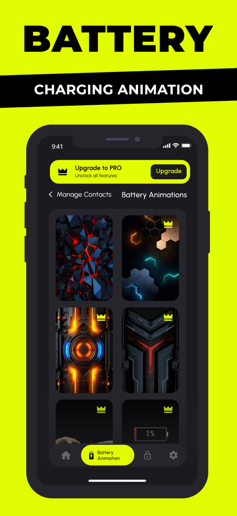 Clean AI - Phone Cleaner - Écran de l'application Clean AI affichant une galerie d'animations de chargement de batterie futuristes