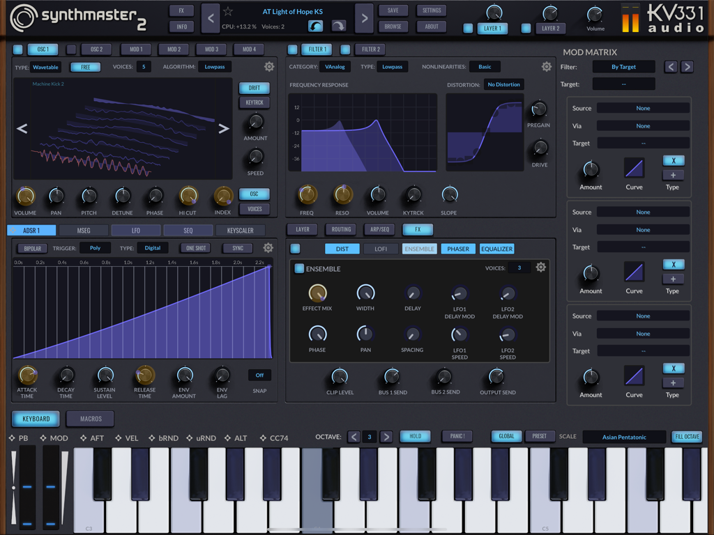 SynthMaster 2 - SynthMaster 2 professional synthesizer interface on iPad featuring wavetable oscillators and modulation matrix