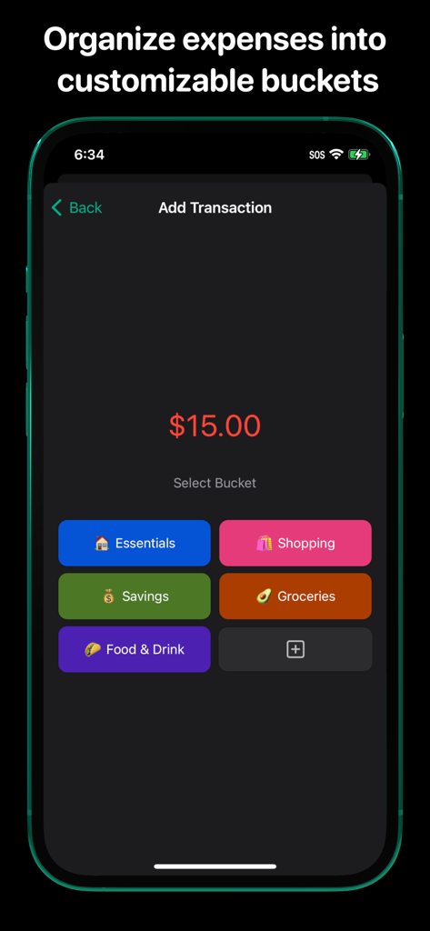 Interface of Surplus app showing the add transaction screen with customizable category buckets for essentials savings and groceries.