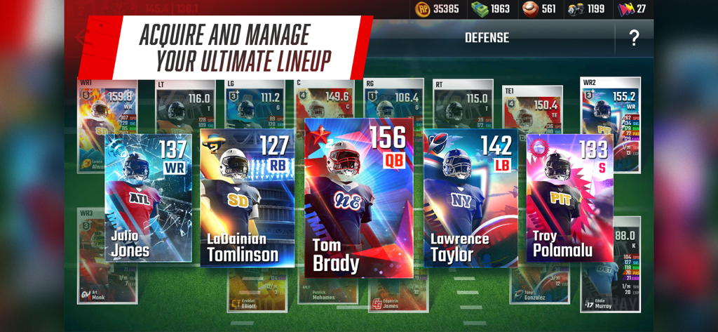 Roster management screen in Franchise Football Pro GM featuring legendary player cards like Tom Brady and Lawrence Taylor
