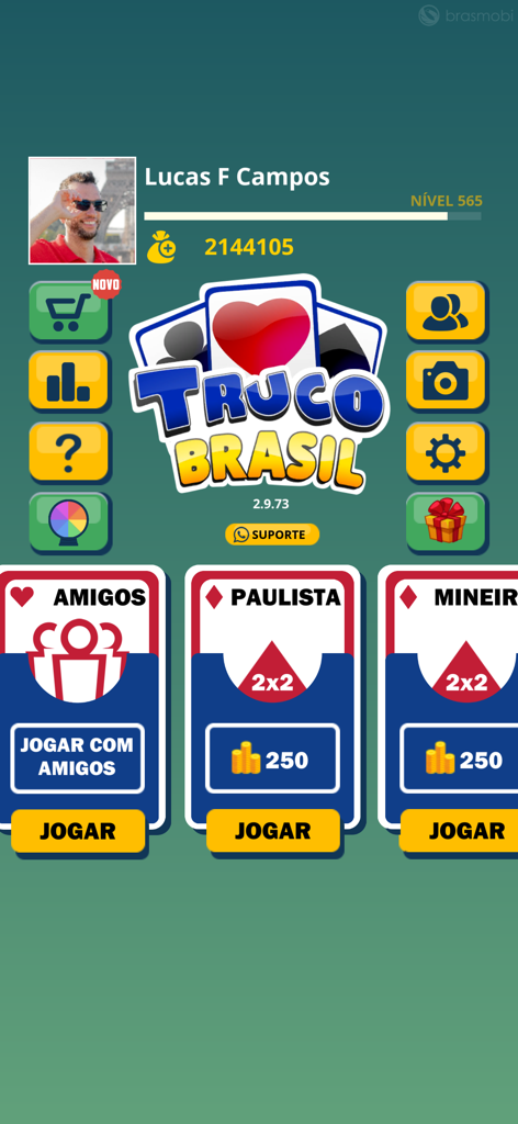Main menu of the Truco Brasil mobile app showing Paulista and Mineiro game modes and player profile