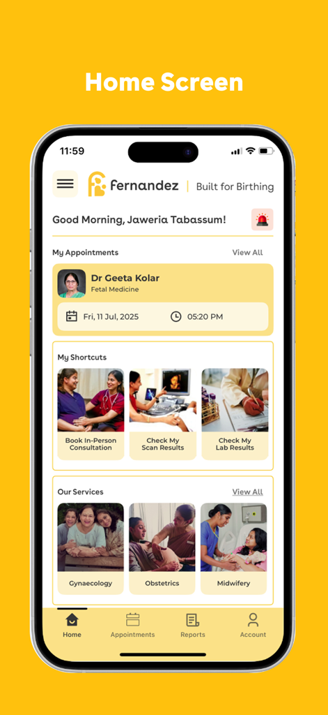 Home screen of the Fernandez Hospital mobile app showing an upcoming appointment and healthcare services like Gynaecology and Obstetrics