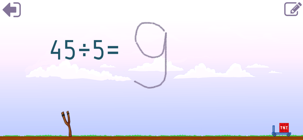 Math Shot Division - A division problem 45 divided by 5 with the answer 9 handwritten on the screen in a math learning game for children.