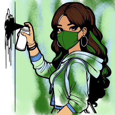 realistic girl with mask spray painting a wall