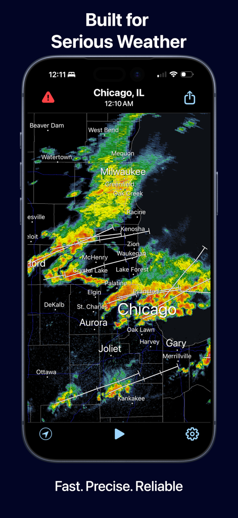 Radar Pro X - Radar Pro X app interface showing a high contrast storm tracking radar map over the Chicago area.