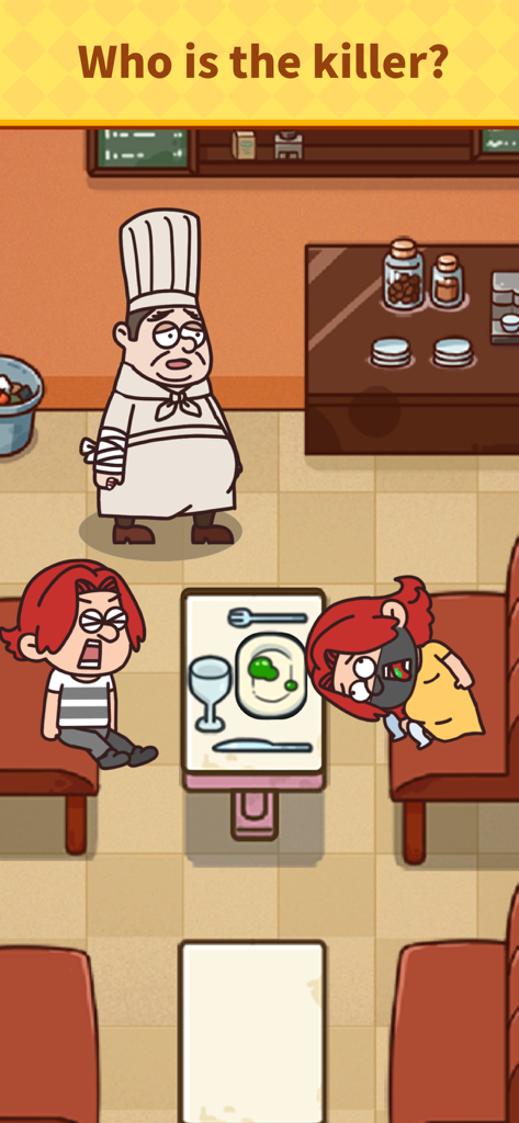 Pantalla de juego de detectives de dibujos animados preguntando Quién es el asesino en la escena de un crimen en un restaurante.