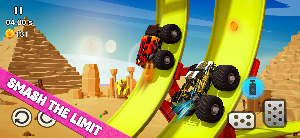 Monster Truck+ : Race Off Ramp - Two monster trucks racing on a yellow vertical loop in a desert setting with pyramids