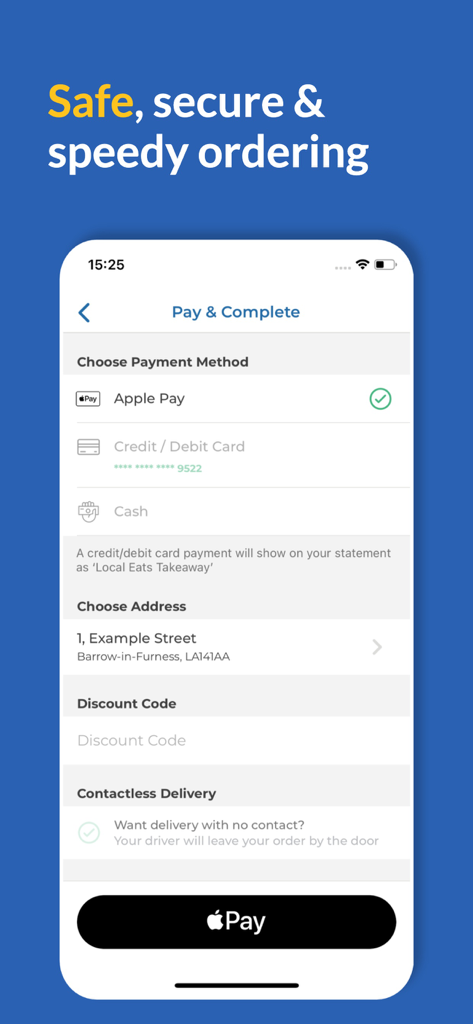 Barrow Eats app payment screen showing Apple Pay and local delivery options