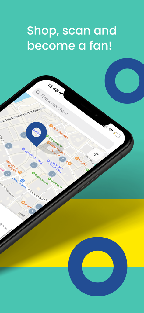 A smartphone displaying the Joyn app interface with a map showing nearby local merchants and rewards.