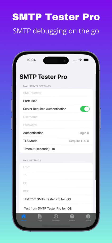 Screenshot of SMTP Tester Pro app displaying mail server and mail settings configuration screen on an iPhone