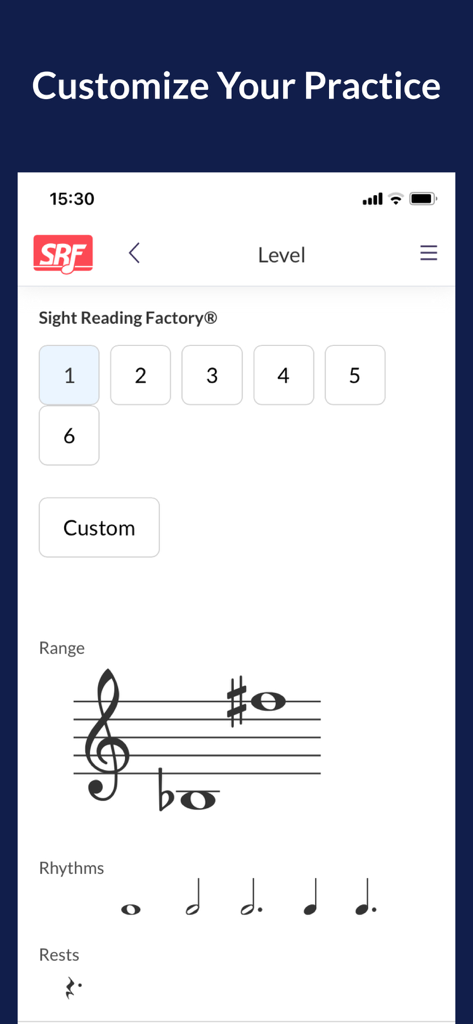 Sight Reading Factory - User interface of the Sight Reading Factory app showing customization settings for difficulty levels musical range and rhythmic patterns
